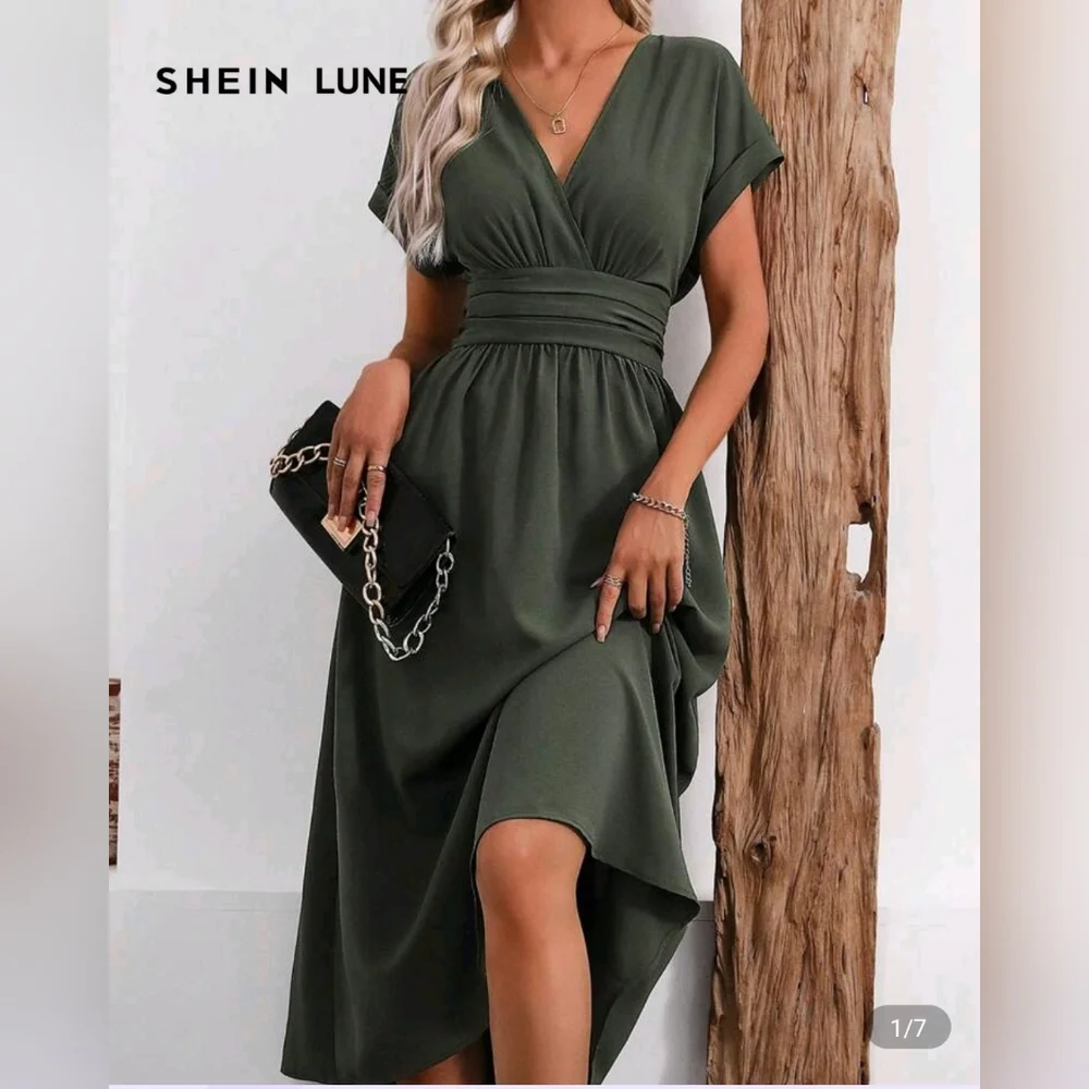SHEIN Olive Green Midi Dress V Neck Womens Medium - Picture 1 of 6